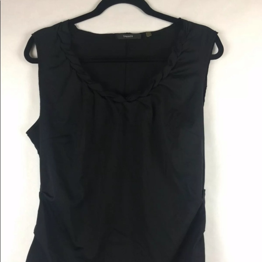 Tahari Black Sleeveless Top Braided Neckline Ruched Back Side Zip Size L